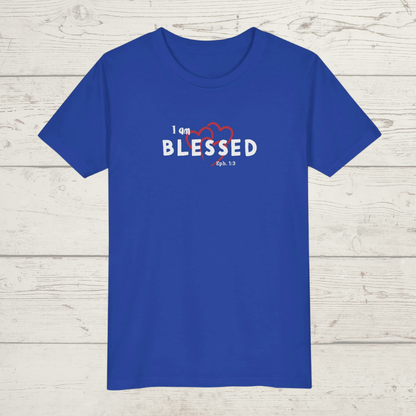 True Royal Blue t-shirt with 'I am BLESSED' text on a wooden surface