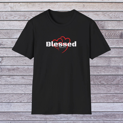 Black t-shirt with 'Blessed' design on a wooden background