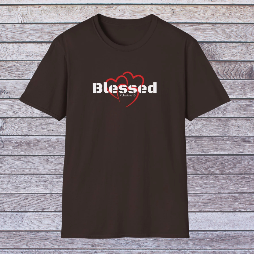 Dark Chocolate t-shirt with 'Blessed' and heart design on a wooden surface