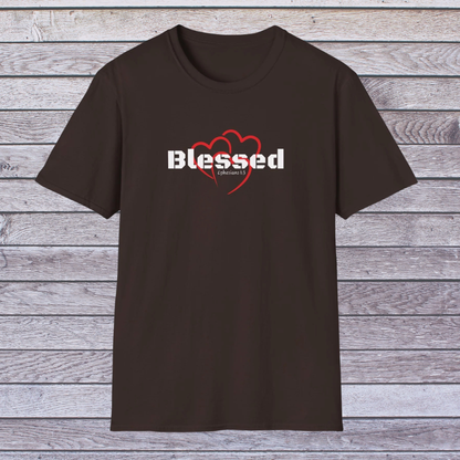 Dark Chocolate t-shirt with 'Blessed' and heart design on a wooden surface