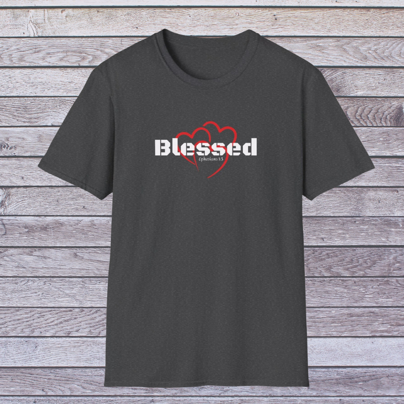 Dark heather t-shirt with 'Blessed' design on a wooden surface