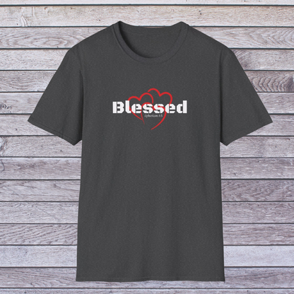 Dark heather t-shirt with 'Blessed' design on a wooden surface