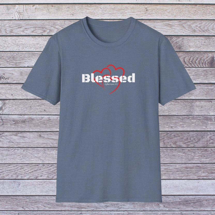 Indigo t-shirt with 'Blessed' design on a wooden surface