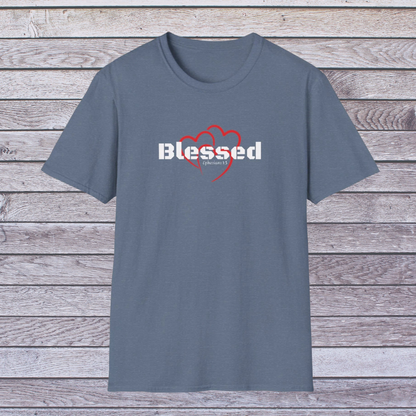 Indigo t-shirt with 'Blessed' design on a wooden surface