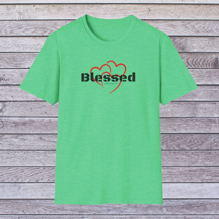 Irish Green t-shirt with 'Blessed' and heart designs on a wooden background