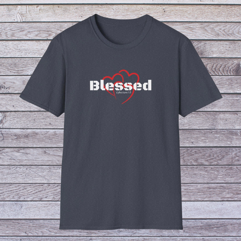 Navy t-shirt with 'Blessed' design on a wooden background