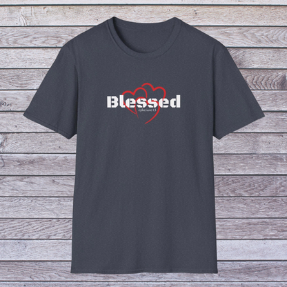 Navy t-shirt with 'Blessed' design on a wooden background