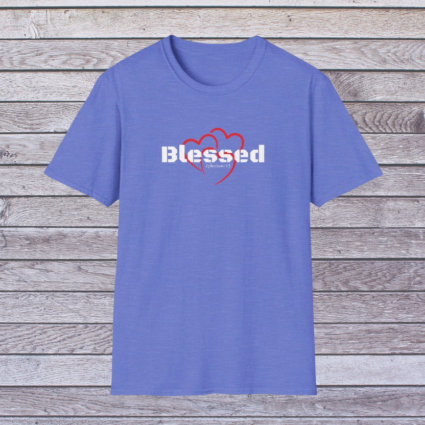 Royal Blue t-shirt with 'Blessed' design on a wooden background
