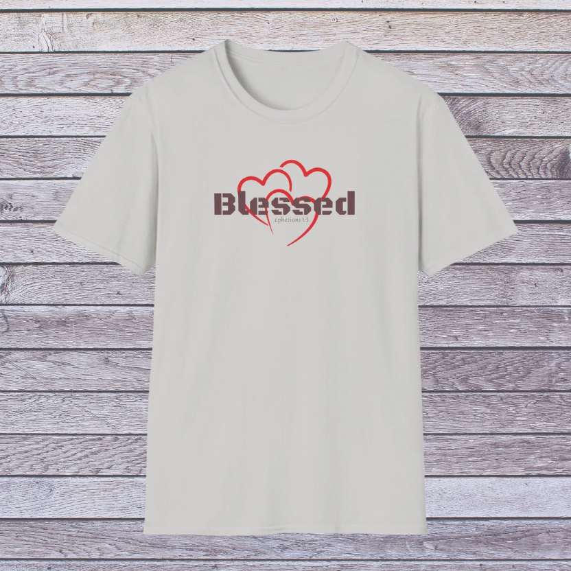 Ice grey t-shirt with 'Blessed' and heart design on a wooden background