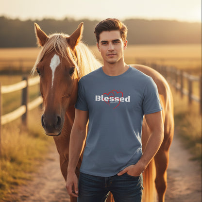 Indigo t-shirt with 'Blessed' and heart design with a horse