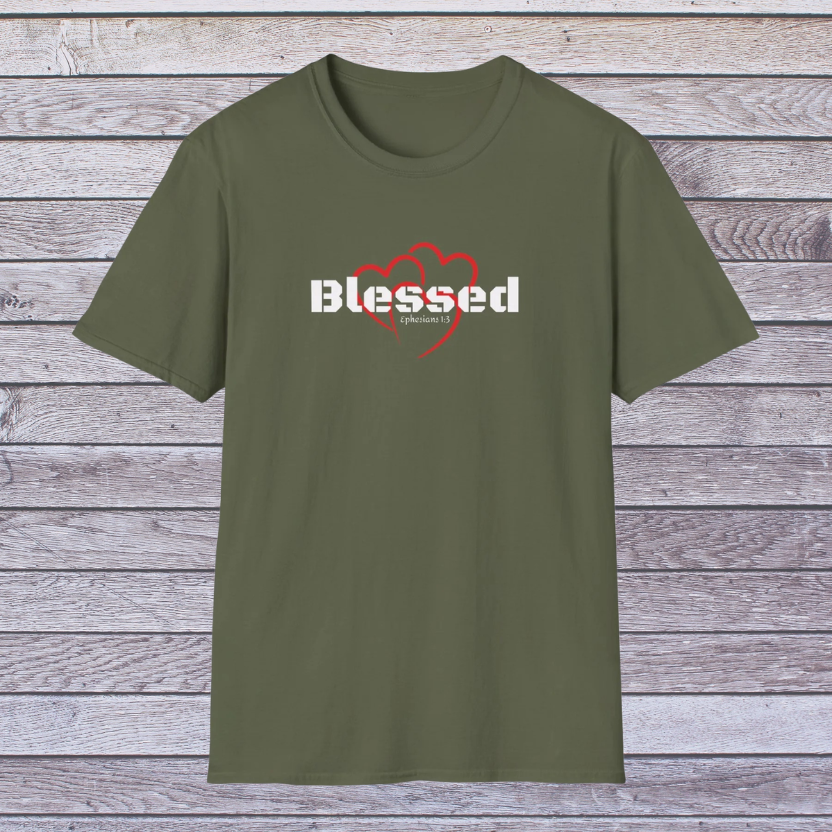 Military Green t-shirt with 'Blessed' text on a wooden surface