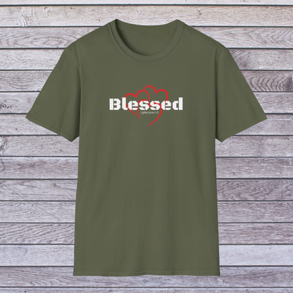 Military Green t-shirt with 'Blessed' text on a wooden surface