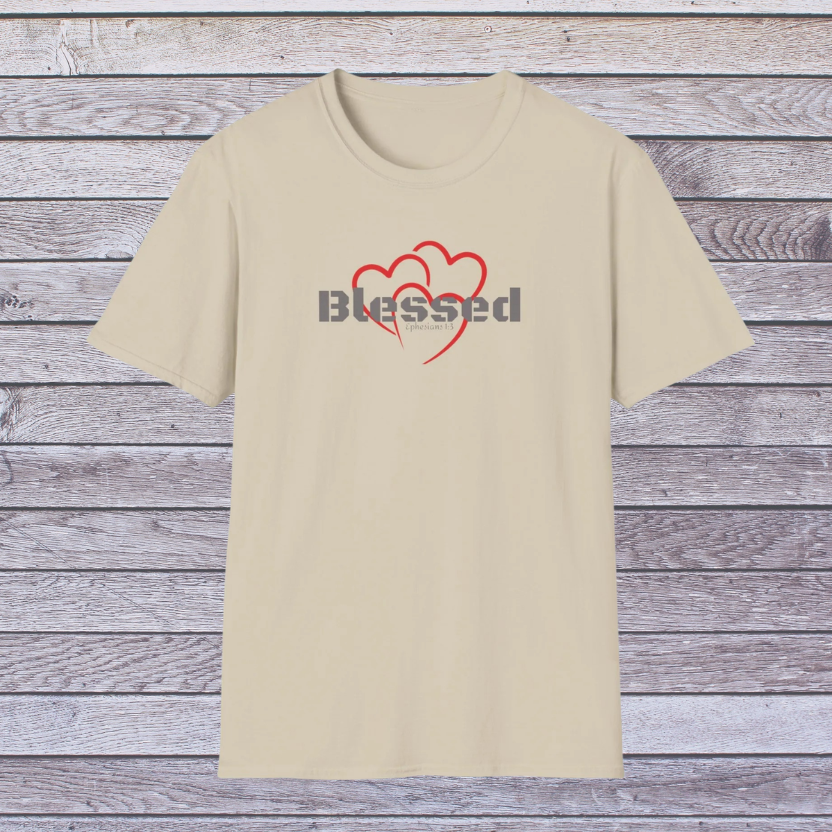 Sand Beige t-shirt with 'Blessed' and heart design on a wooden background