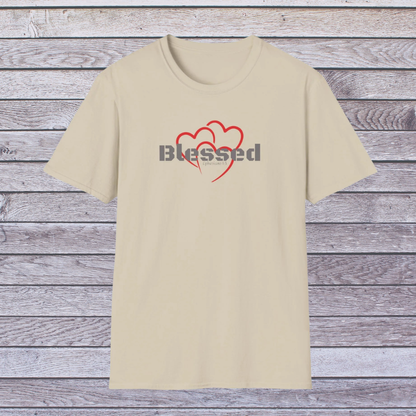 Sand Beige t-shirt with 'Blessed' and heart design on a wooden background