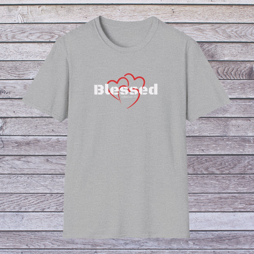 Gray t-shirt with 'Blessed' and heart designs on a wooden background