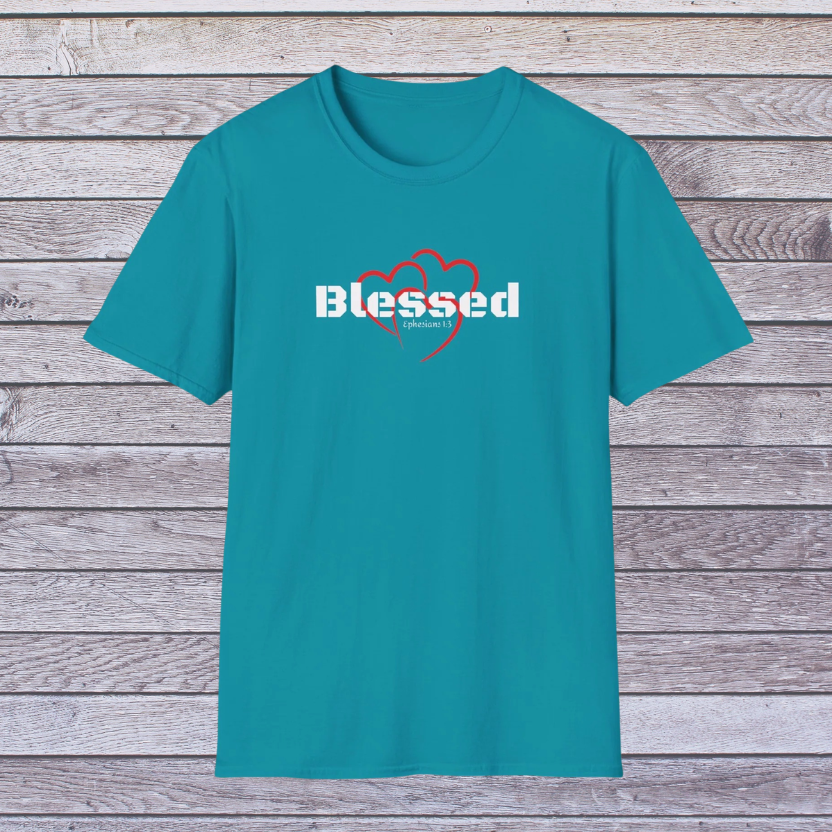 Tropical Blue Teal t-shirt with 'Blessed' and heart design on a wooden background