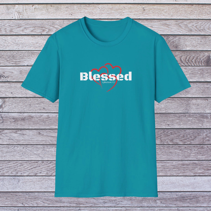 Tropical Blue Teal t-shirt with 'Blessed' and heart design on a wooden background
