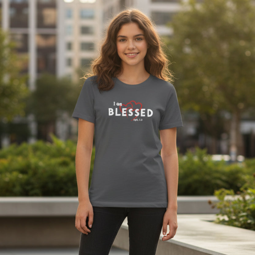 Dark Heather Grey t-shirt with 'I am BLESSED' text