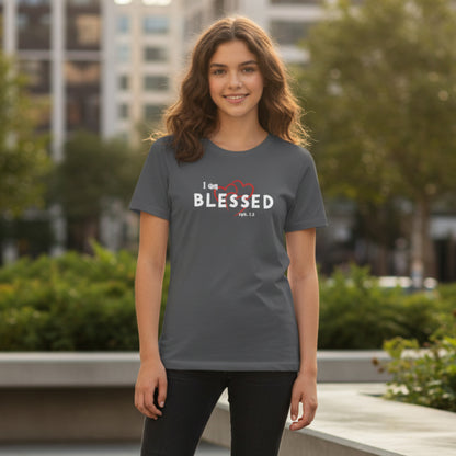 Dark Heather Grey t-shirt with 'I am BLESSED' text