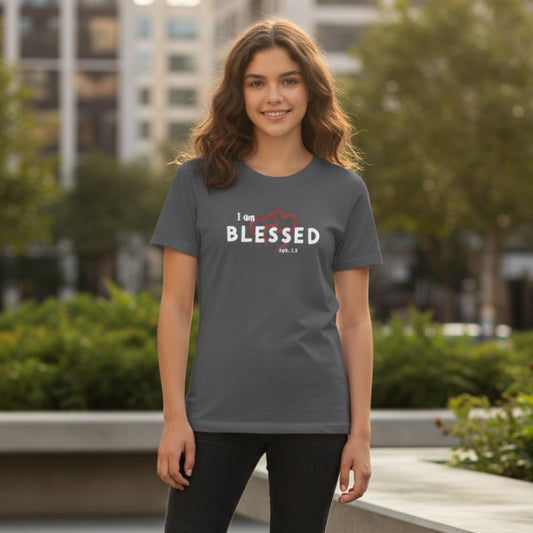 Dark Heather Grey t-shirt with 'I am BLESSED' text