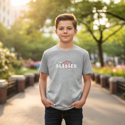 Athletic Heather Gray t-shirt with 'The Blessed' design on a white background