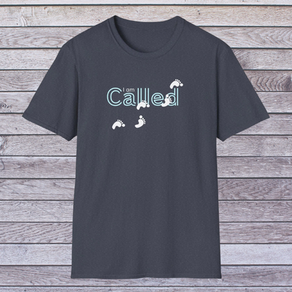 Heather Navy t-shirt with 'I am Called' text and footprints on a wooden background