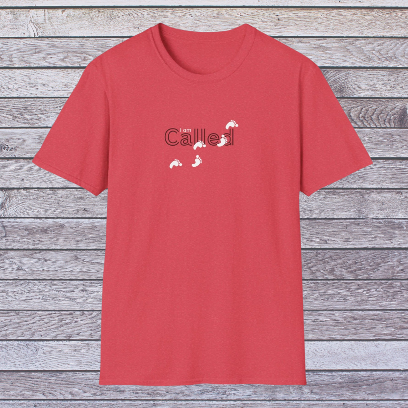 Heather Red t-shirt with 'I am Called' text on a wooden background