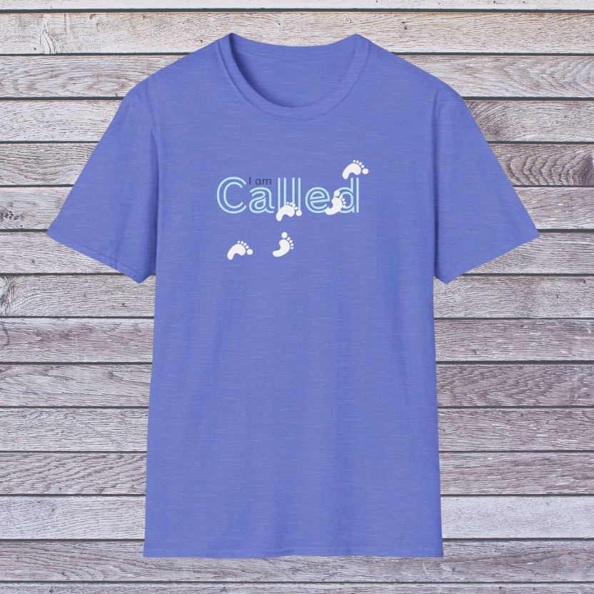 Heather Royal Blue t-shirt with 'I am called' text and footprints on a wooden background