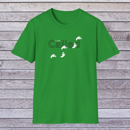 Irish Green t-shirt with 'I am called' text on a wooden background