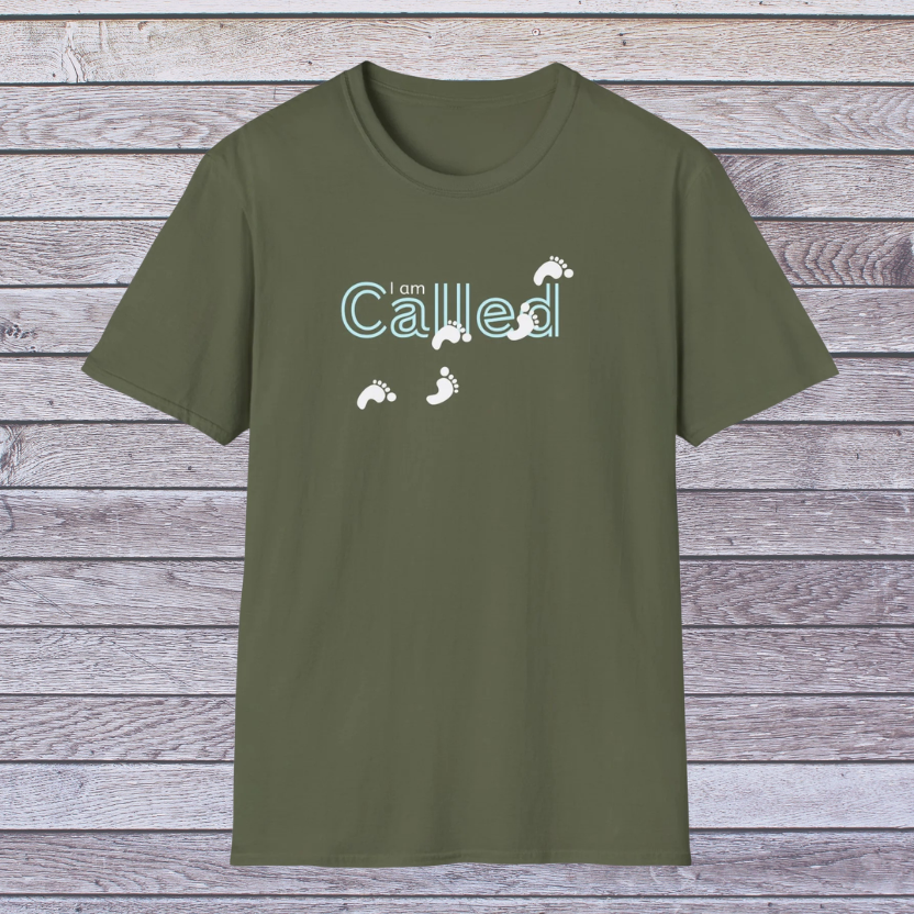 Military Green t-shirt with 'I am Called' text and footprints on a wooden background