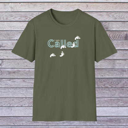 Military Green t-shirt with 'I am Called' text and footprints on a wooden background
