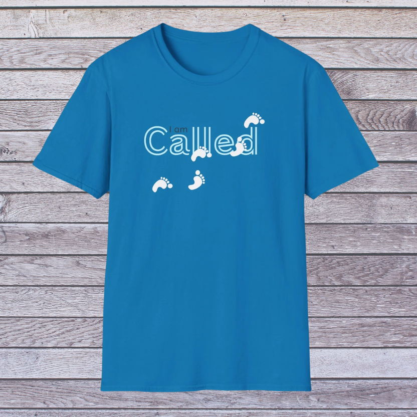 Sapphire Blue t-shirt with 'Called' text and footprints on a wooden background