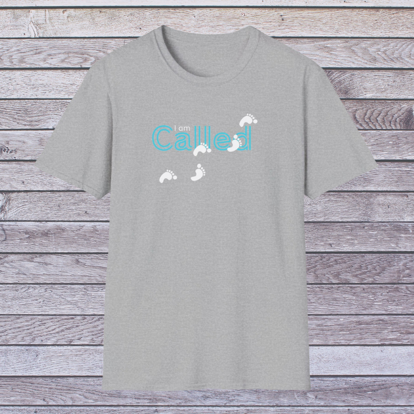 Sport Gray t-shirt with 'I am Called' text on a wooden background
