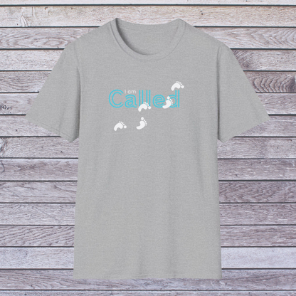 Sport Gray t-shirt with 'I am Called' text on a wooden background