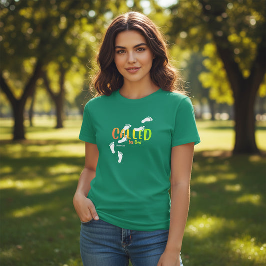 Green t-shirt with footprints and text 'Called by God'