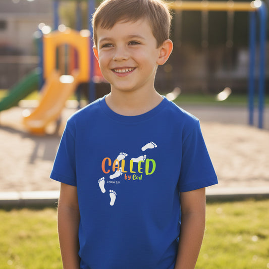Royal Blue t-shirt with colorful graphic 'Called by God' at the school yard