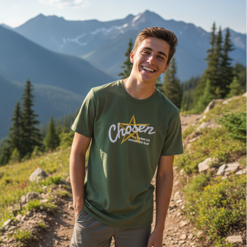 Green t-shirt with 'Chosen' design, worn by male on hiking trail by a mountain