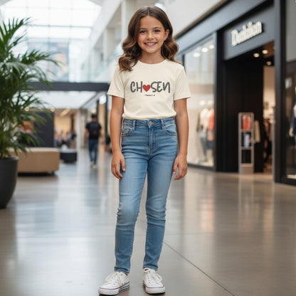 Natural colored t-shirt with 'Chosen' text and heart graphic in the shopping mall