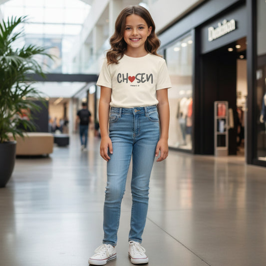 Natural colored t-shirt with 'Chosen' text and heart graphic in the shopping mall