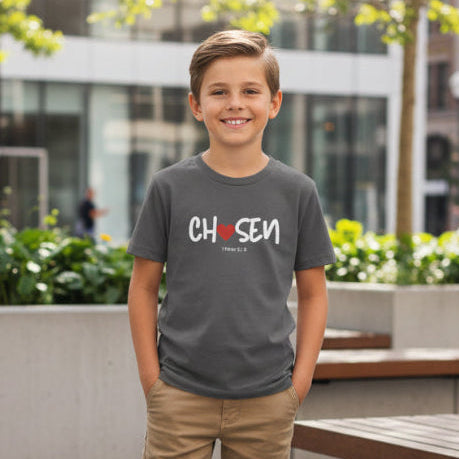 Gray t-shirt with 'Chosen' text and red heart outside