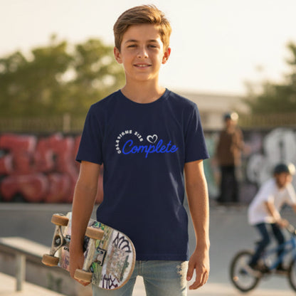Navy blue t-shirt with blue text 'Complete, Galatians 2:20' at skatepark