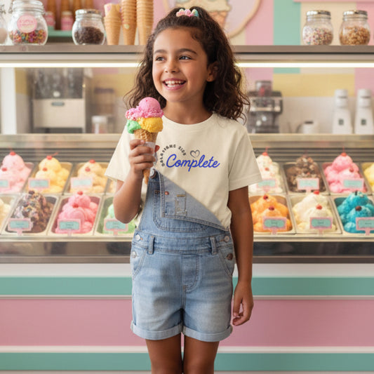 Natural colored t-shirt with blue text 'Chosen, Galatians 2:20' at the ice cream shop