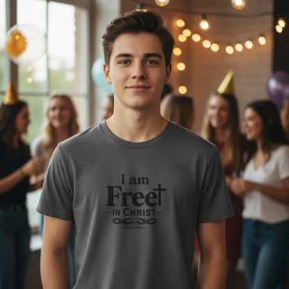 Gray t-shirt with black text 'I am Free in Christ' at a party
