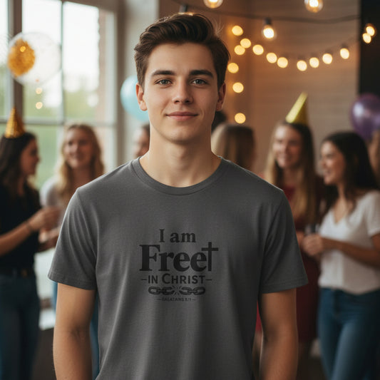 Gray t-shirt with black text 'I am Free in Christ' at a party