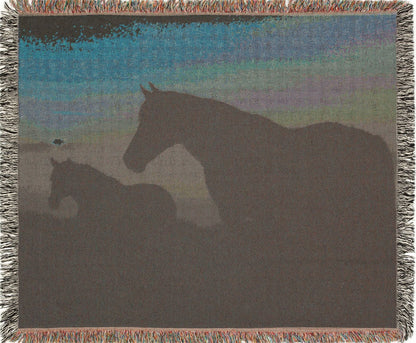 Horses Silhouette Sunset Kentucky woven blanket with silhouette of two horses on a landscape. back view.