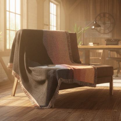Horses Silhouette Sunset woven blanket draped over a brown chair in barn office