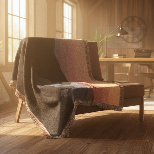 Horses Silhouette Sunset woven blanket draped over a brown chair in barn office