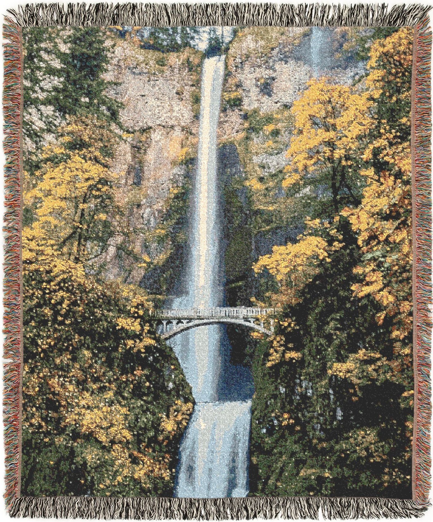 Multnomah Falls woven blanket with a scenic design of a waterfall and bridge surrounded by trees