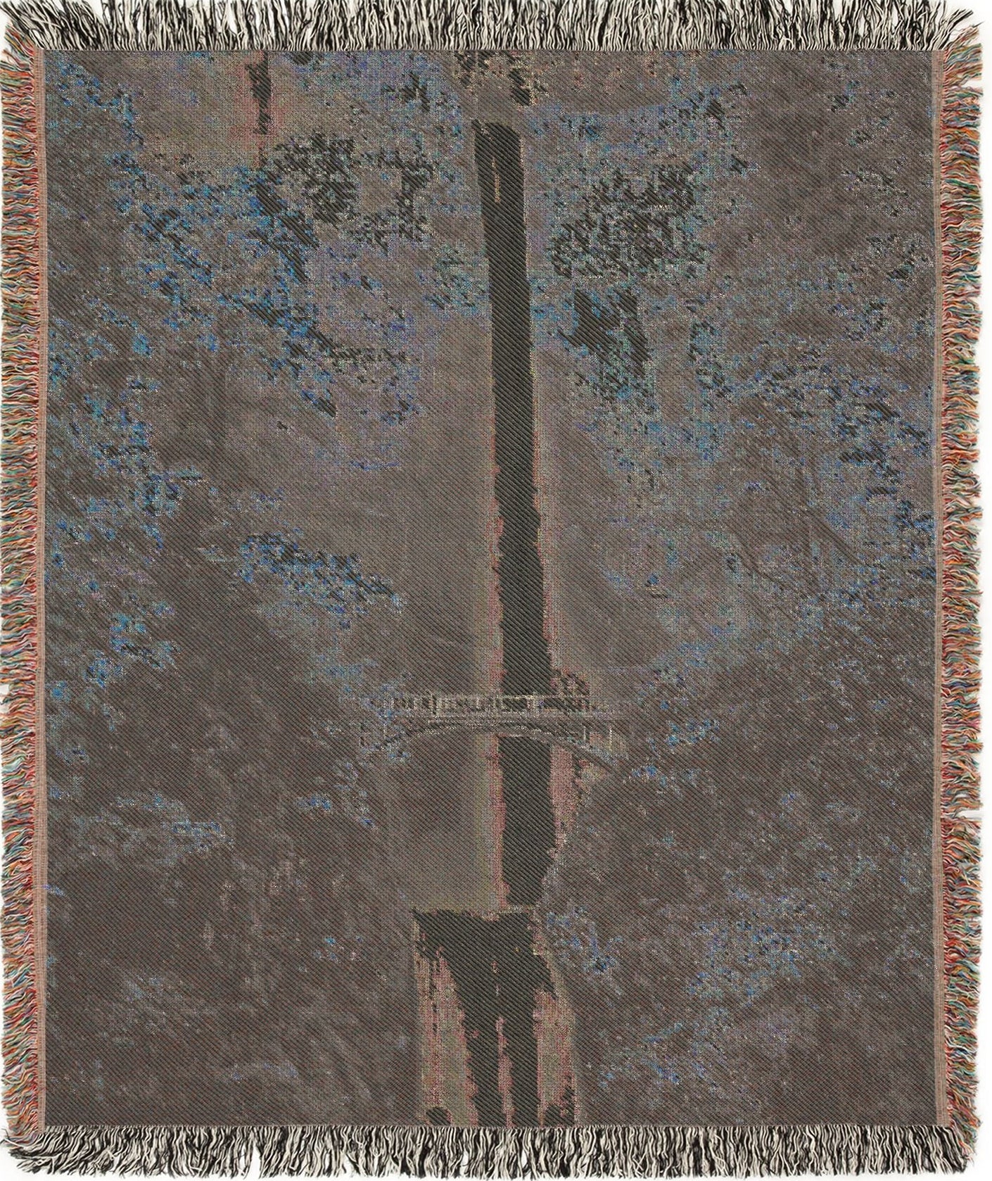 Multnomah Falls woven blanket with a nature-themed design, backview