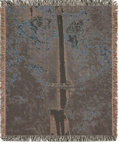 Multnomah Falls woven blanket with a nature-themed design, backview